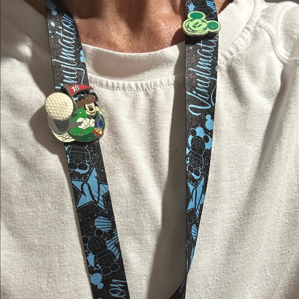Disney World Black and Light Blue Lanyard w 2 pins EUC